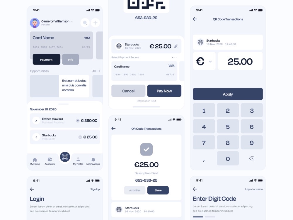 وایرفریم صفحات اپ پرداخت موبایلی شامل کارت بانکی، تراکنش با QR کد، صفحه کلید عددی و ورود