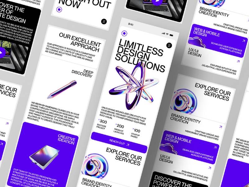 صفحات موبایل وبسایت یک آژانس طراحی با معرفی خدمات برندینگ و UI/UX