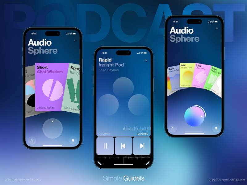 سه صفحه اپلیکیشن موبایل پادکست Audio Sphere شامل فهرست پادکست‌ها و پخش‌کننده صوتی