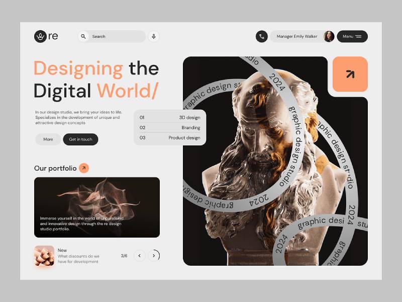 صفحه اصلی سایت یک استودیوی طراحی با تیتر Designing the Digital World و مجسمه سهبعدی