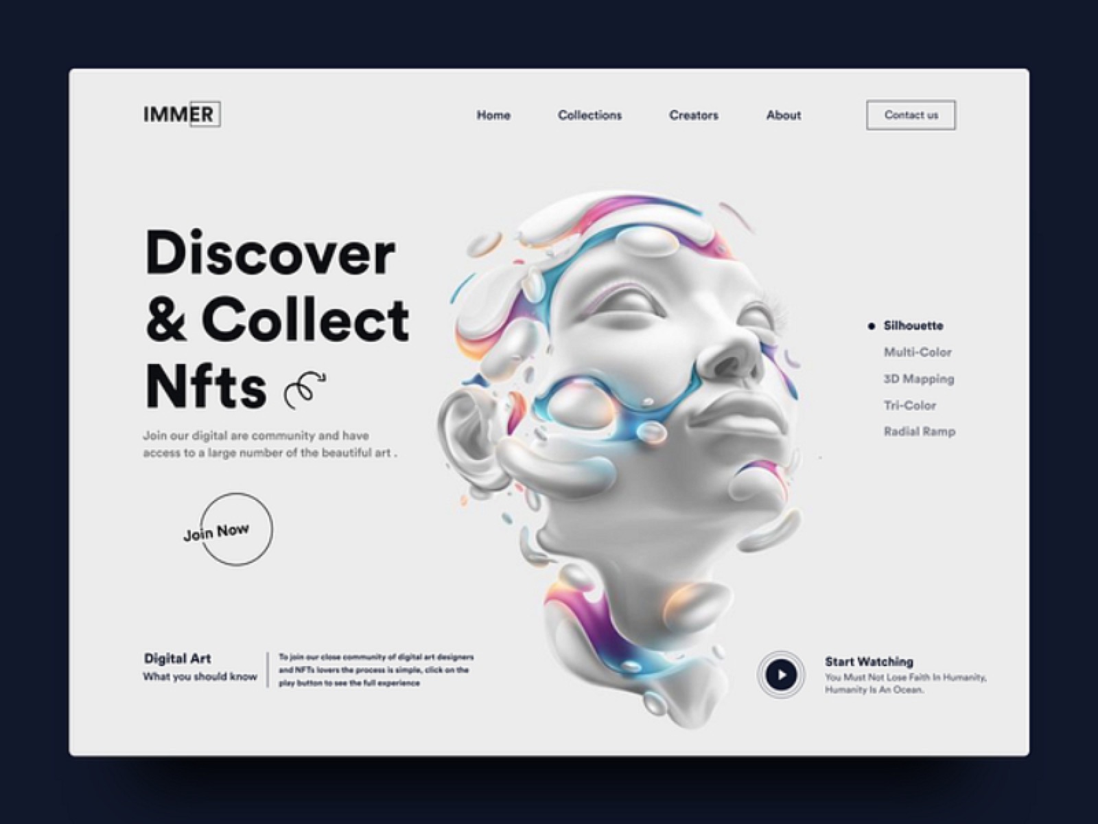 صفحه اصلی وبسایت گالری NFT با مجسمه سهبعدی چهره و عنوان Discover & Collect Nfts