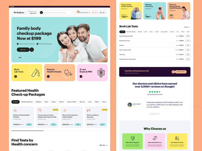 طراحی سایت خدمات آزمایش پزشکی Medicare با بسته‌های چکاپ، دسته‌بندی تست‌ها و نظرات کاربران