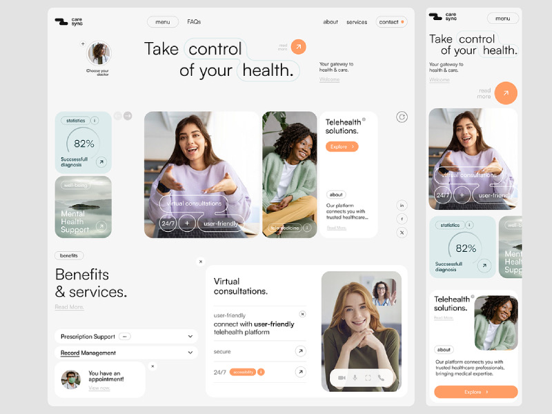 طرح سایت سلامت care sync در نسخه دسکتاپ و موبایل با بخش مشاوره آنلاین و خدمات پزشکی از راه دور