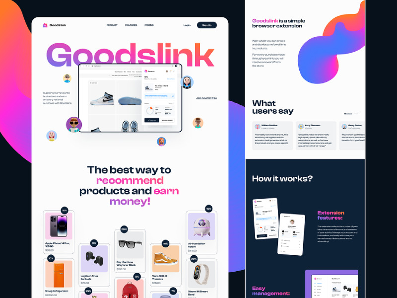 صفحه فرود افزونه مرورگر Goodslink با کارت محصولات، درصد پاداش ارجاع و نظرات کاربران