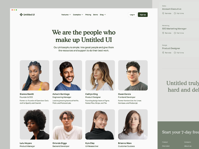 صفحه معرفی اعضای تیم Untitled UI با عکس، نام و سمت هر فرد