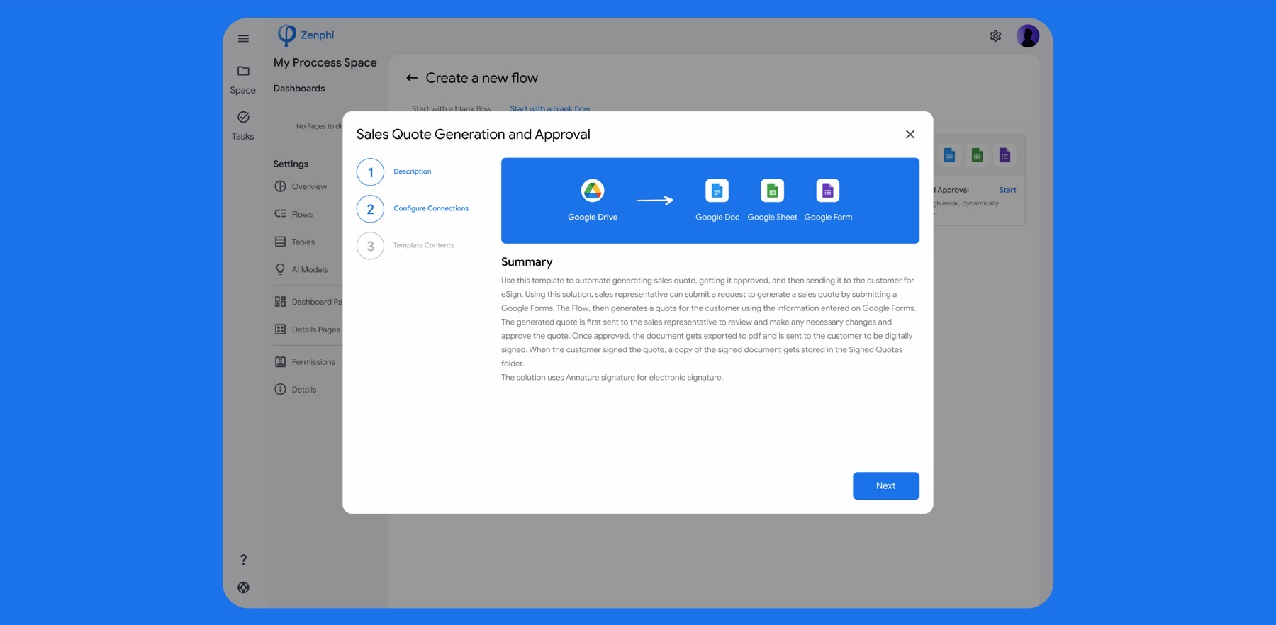 ویزارد سه‌مرحله‌ای ساخت جریان از قالب در زنفی با نمایش اتصال Google Drive به Docs، Sheets و Forms