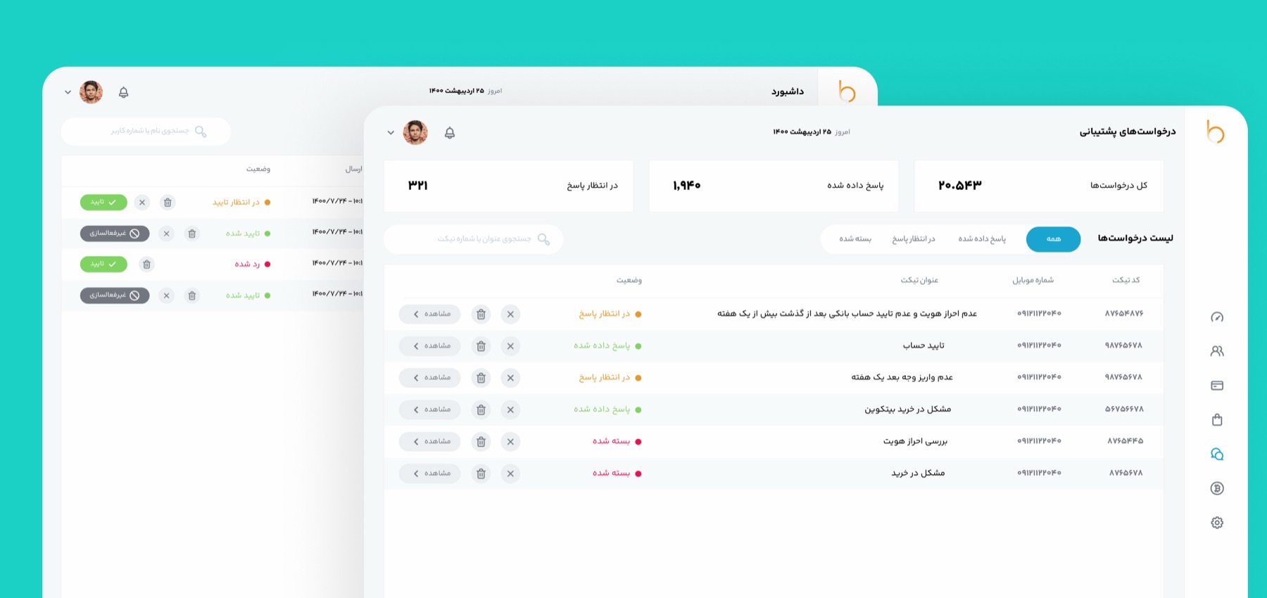پنل مدیریت بیترلند با فهرست درخواستهای پشتیبانی، آمار تیکتها و جدول تأیید کاربران
